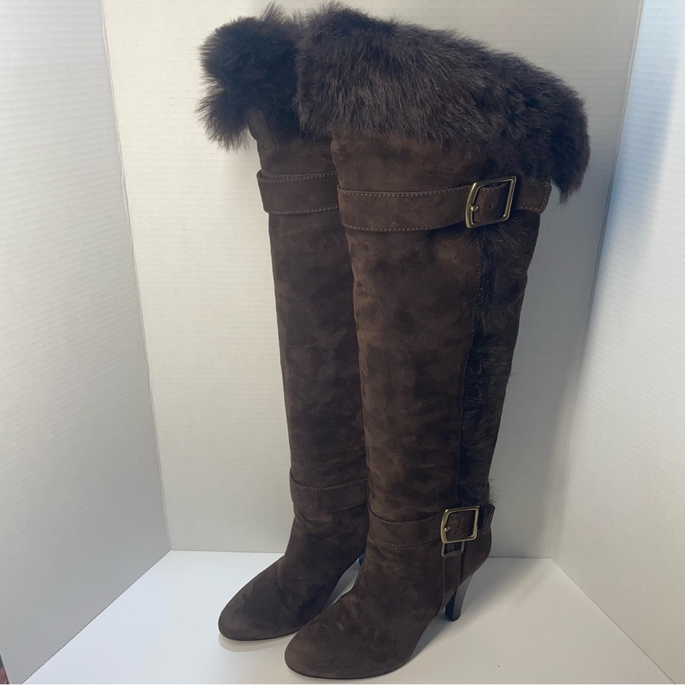 Coach Mazur Over The Knee Boots Heel Shearling Suede Buckle Cuff Brown Sz 9